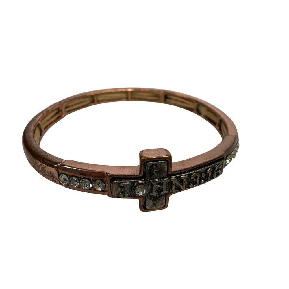 John 3:16 Cross Bracelet Rose Gold Tone Crystal Accents Stretch Religious Jewelr